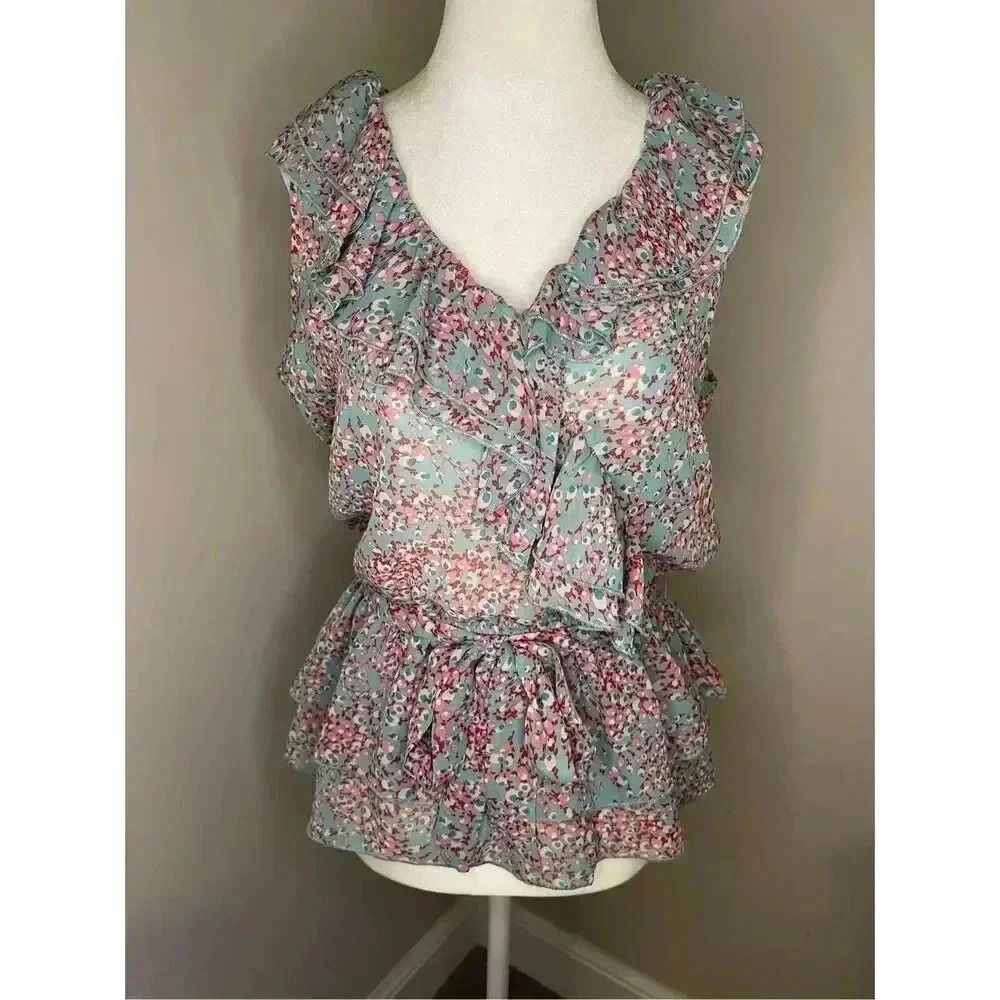 Bongo Juniors M Floral Flutter Sleeve V-Neck Blouse Multicolor Casual